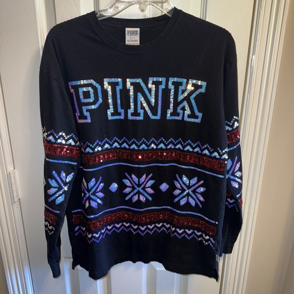 Victoria's Secret PINK Tops - Victoria's Secret PINK Sz.‎ Small Black Sequin Long Sleeve Christmas Shirt Bling